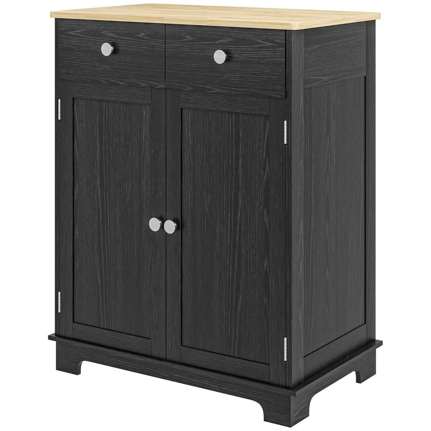 Demi Bonn 33" Solid Wood Top Kitchen Storage Cabinet, Sideboard Floor Cupboard with Adjustable Shelf & 2 Drawers for Modern Home Decor, Black