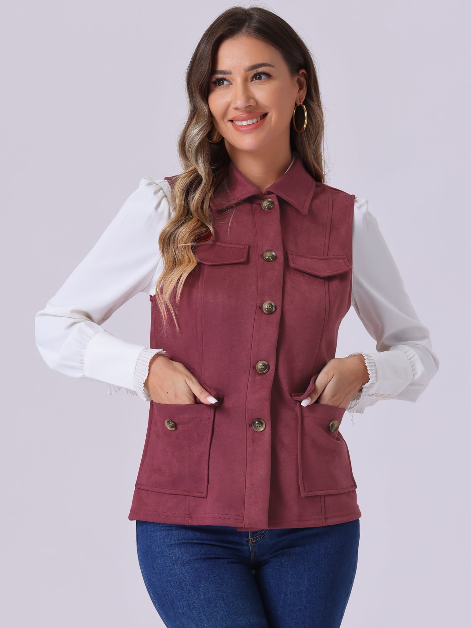 DARING DIVA Women's Rustic Button Up Utility Anorak Cargo Vest S Burgundy
