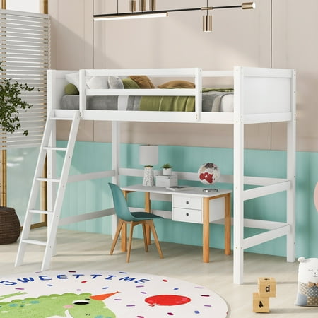 Kumji Twin Size Loft Bed with Ladder  Solid Wood Bedframe  Solid Wood Loft Bed Twin Frame with Full-Length Guardrails for Kids Adults Boys Girls Teens  No Box Spring Needed  White