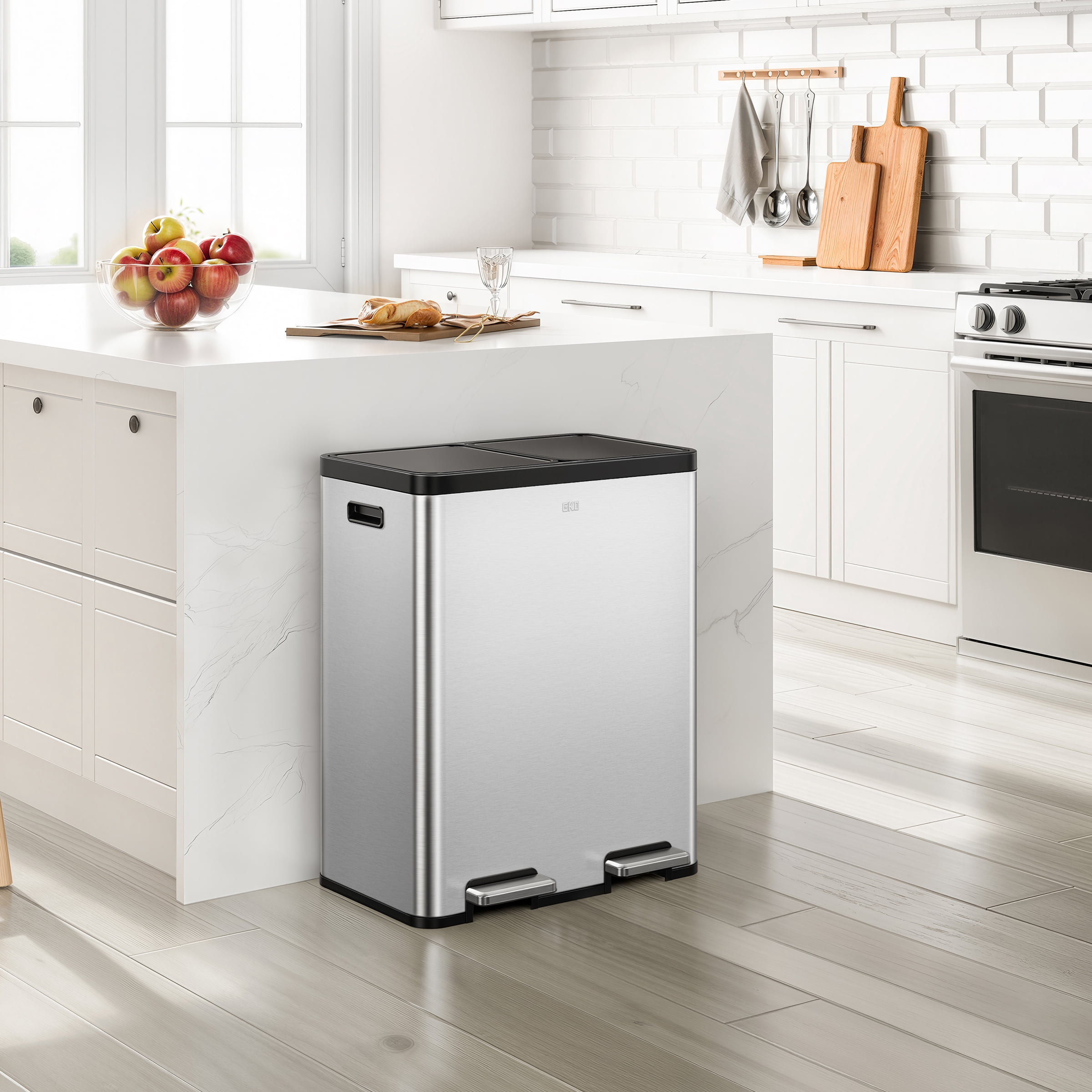 EKO Essential Kitchen Recycling Trash Can, 16 Gallon, Stainless Steel, Silver with Sample Trash Bags Included