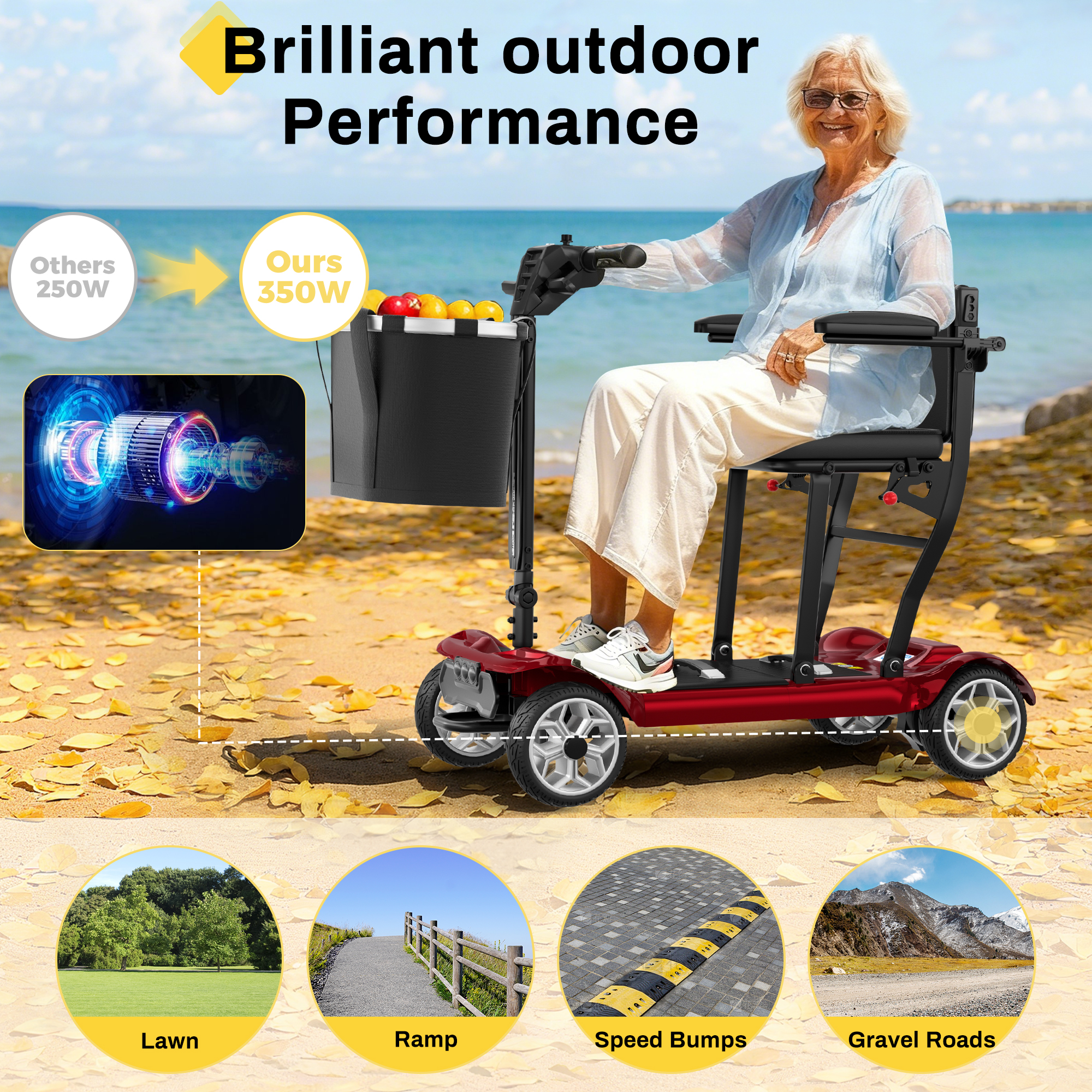 COOLHUT Ultra Lightweight 4 Wheel Mobility Scooter for Seniors (only 50lbs), 25+ Miles Travel Dual Battery Mobility Scooters, Aluminum Electric Folding Wheelchair Device, Red