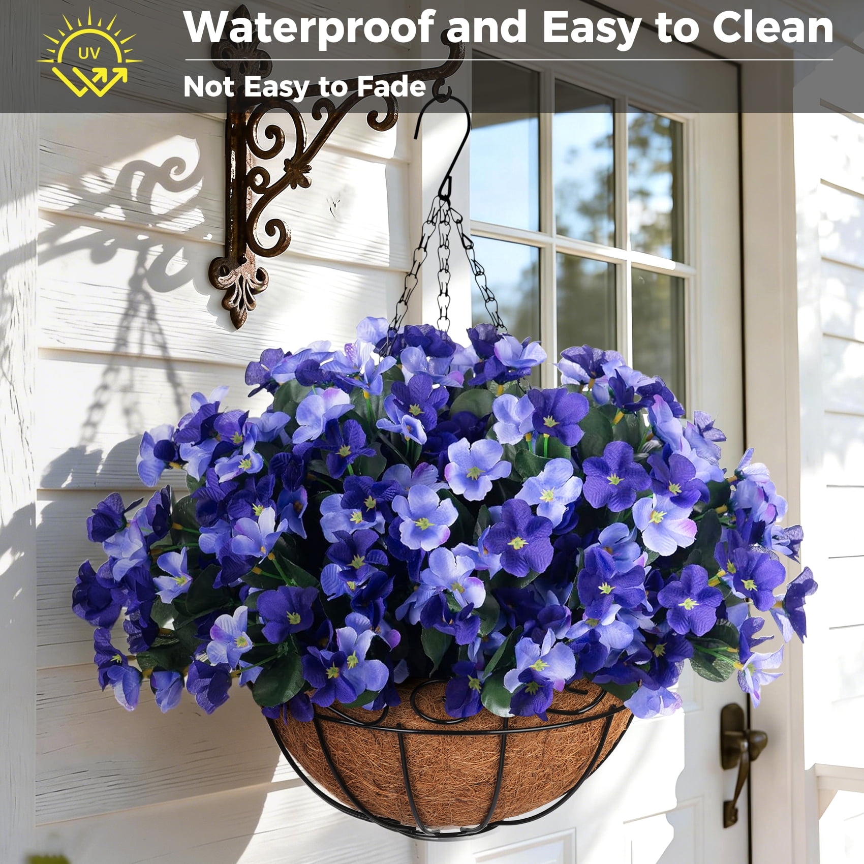 Scidweet Artificial Hanging Flowers Outdoors, 12 pcs Fake Plants Faux Hydrangea Flowers with Coconut Lining Basket for Spring Summer Outside Indoor Home Garden Decoration