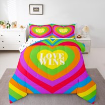 Manfei Rainbow Love Heart Queen Comforter Set, Colorful Geometric Bedding Comforter Set, Kawaii Cartoon Theme Reversible Bedding Set, Lightweight Room Decor, 3-Piece