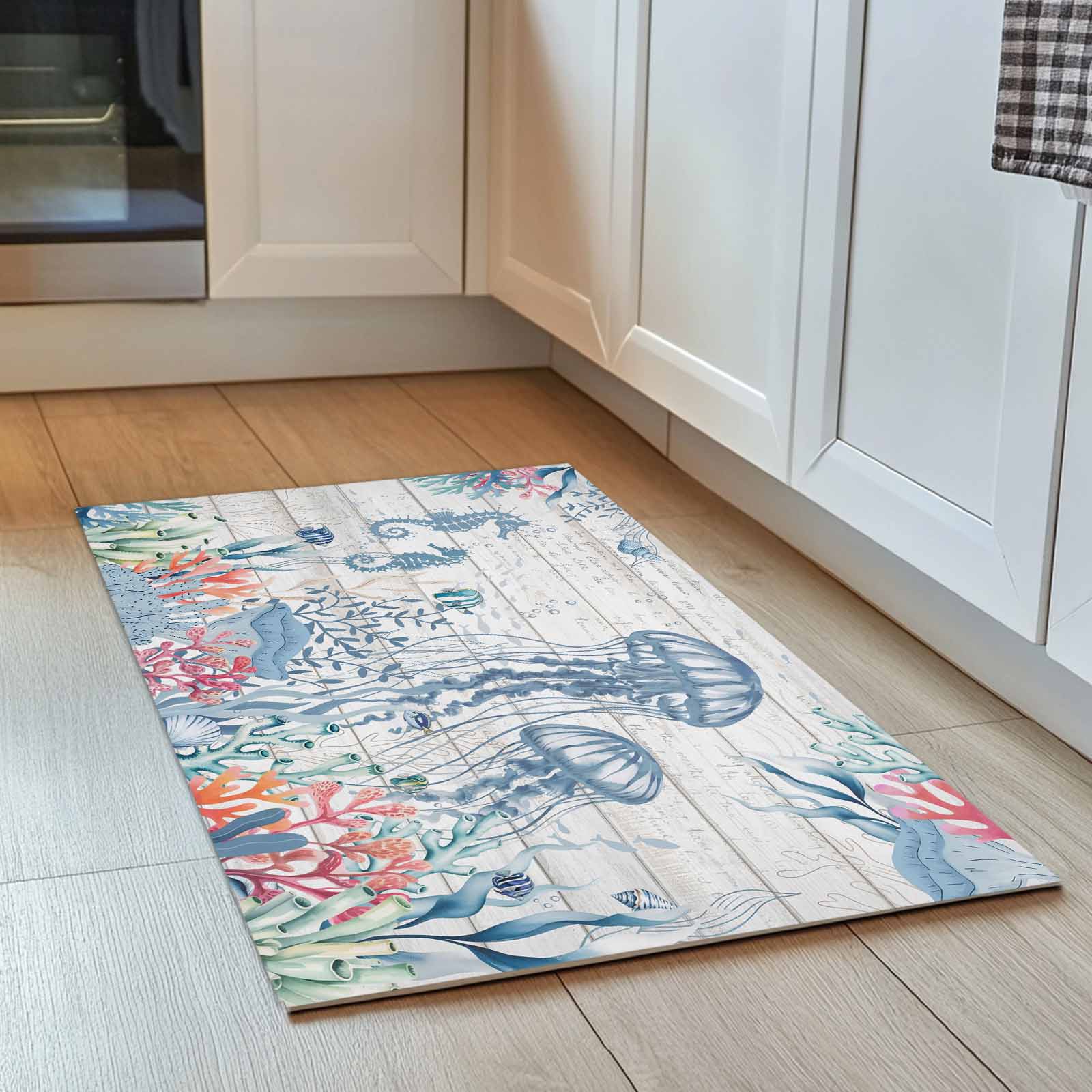 Ocean Jellyfish Door Mat Watercolor Seaweed Sea Horse Coral Wood