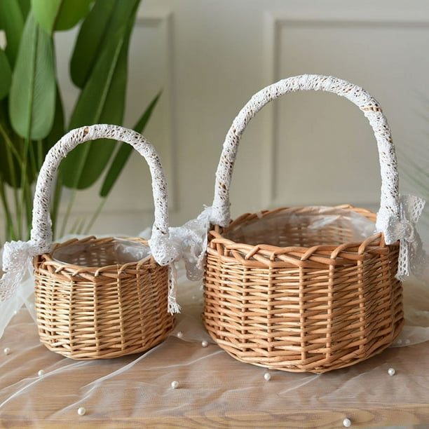 2 cestas de almacenamiento tejidas con asa y cinta, cestas de flores para bodas, cestas de flores de mimbre para decoración del jardín del hogar, marrón,