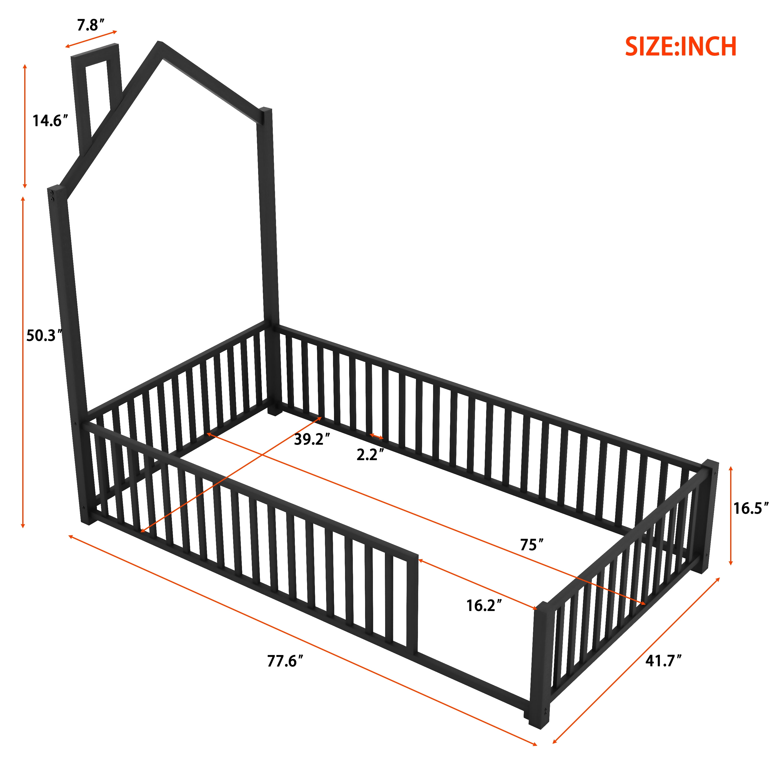 MODERNLUXE Twin Size Platform Bed Frame, House Floor Bed with Guardrail and Chimney, Black
