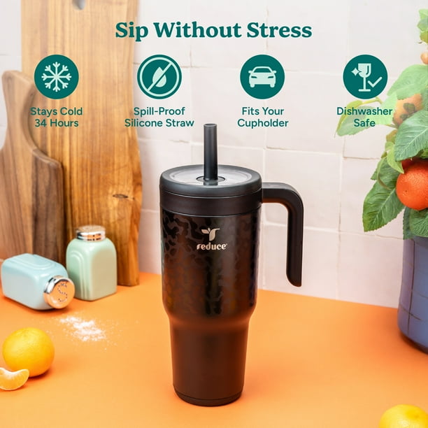 Reduce Chiller 34oz Spill-Proof Tumbler with Handle, Black Cheetah