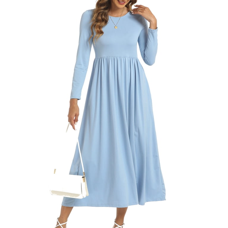 maxi dress winter plain SCSAlgin Women's Long Sleeves Crew Neck Empire Waist Casual Dress Loose Fall/Winter Dresses with Pockets Bestseller__label Color:Powder Blue/Black waist construction Classic Satin Lace White/Ivory