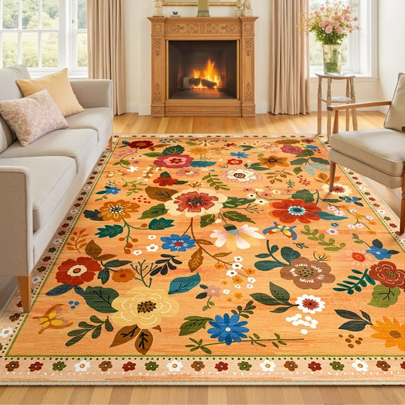 NewBuros 8'x10' Area Rugs, Boho Non Slip Washable Rugs for Living Room, Stain Resistant Soft Low Pile Indoor Floral Carpet for Bedroom Dining Room Office, Yellow Orange