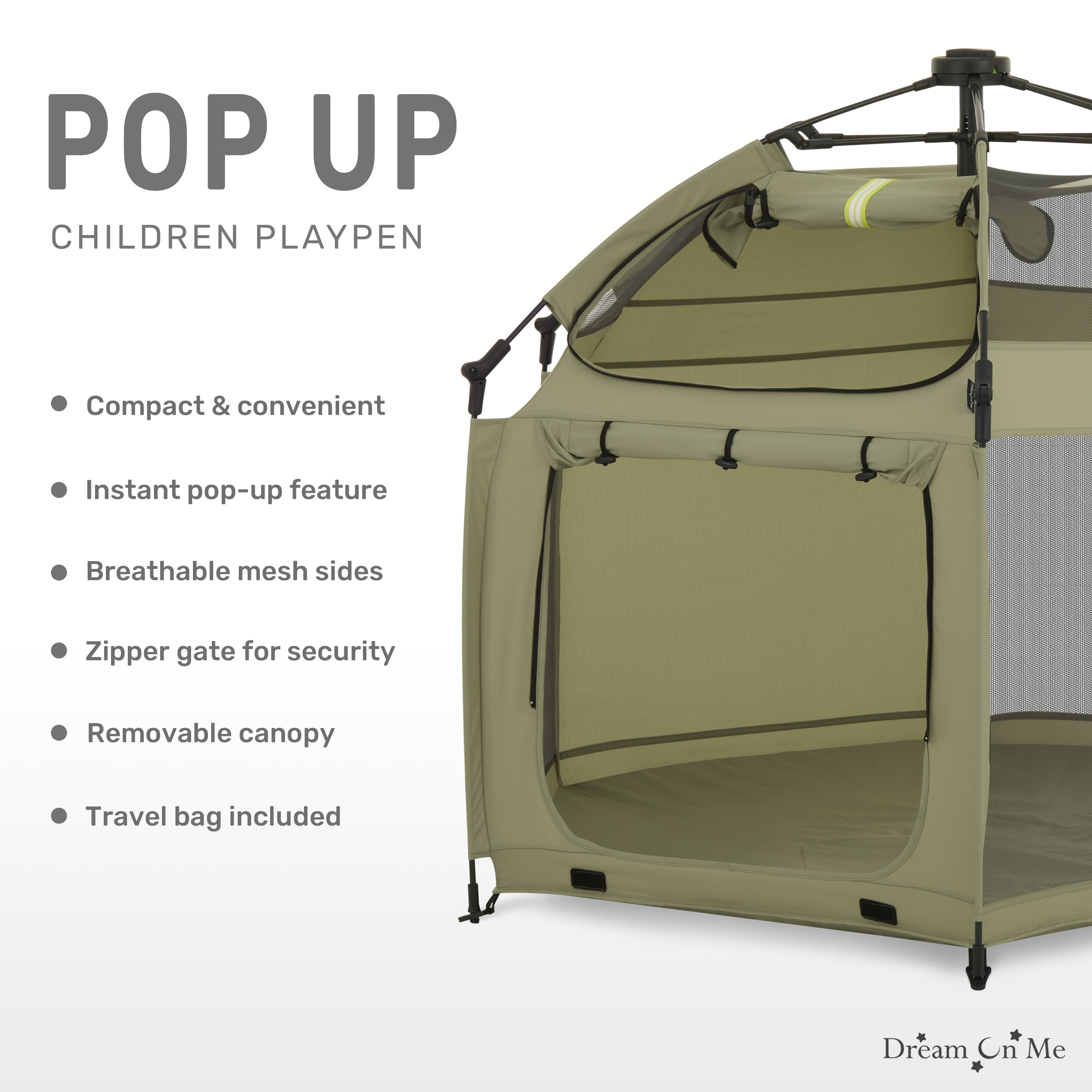 Dream On Me Pop Up Children Playpen, Easy Set-Up- Indoor Play House and Outdoor Play Tent with Canopy Cover, Taupe Green