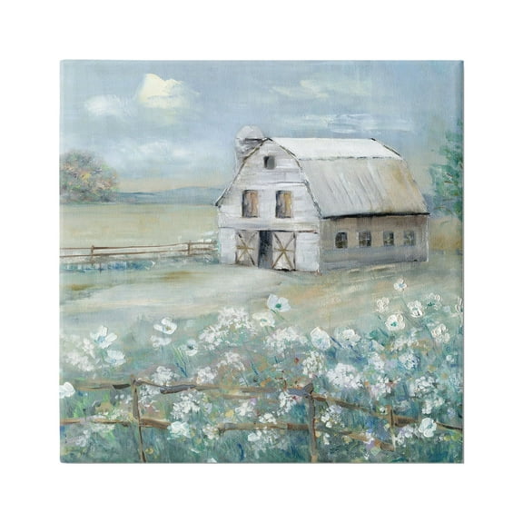 Stupell Industries Barn in Floral Meadow Landscape Painting Gallery Wrapped Canvas Art Print Wall Art, 17 x 17