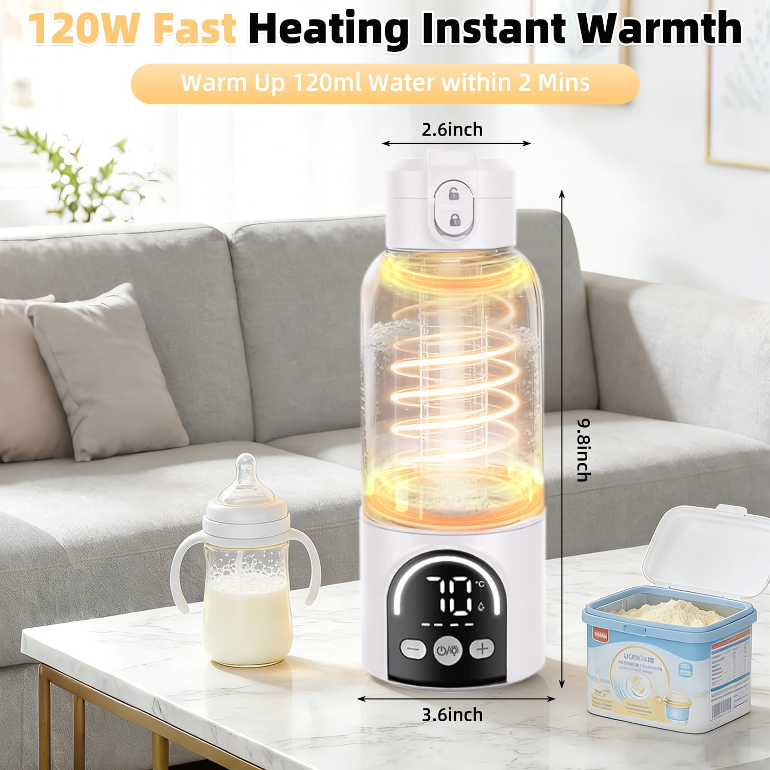 Portable Baby Bottle Warmer for Travel, 120W Fast Heating Breast Milk Warmer with 12000mAh Battery, 500ml, 2 Modes & Temp Control, On-the-Go Warmer with Cleaning Brush (White) for Newborns & Infants