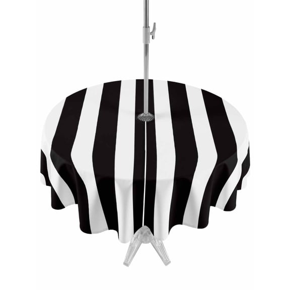 Outdoor Table Cloth with Umbrella Hole and Zipper, Black Striped Waterproof Round Tablecloth 54 Inch, Modern Farmhouse Black White Stripes Washable Table Cover for Outside Party Patio Picnic