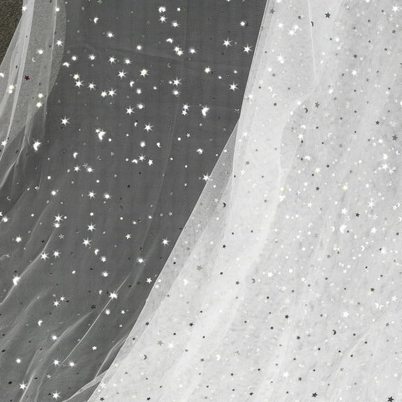 Glitter Tulle Fabric with Star Moon Sequin Design, 1 Yard 54 Inch Wide Roll, Sheer Material for Wedding Decorations Tutu Skirt Veil Table Runners, White
