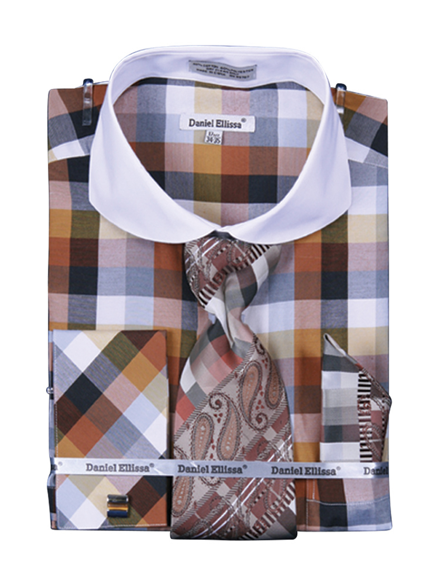 Sunrise Outlet Men's Check Pattern Two Tone French Cuff Shirt