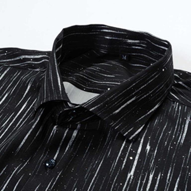 Men's Casual Striped Shirts Loose Fit Button Down Long Sleeve Gold Stamping Dress Shirt for Men Spring Fall Big and Tall Size XS-3XL Black