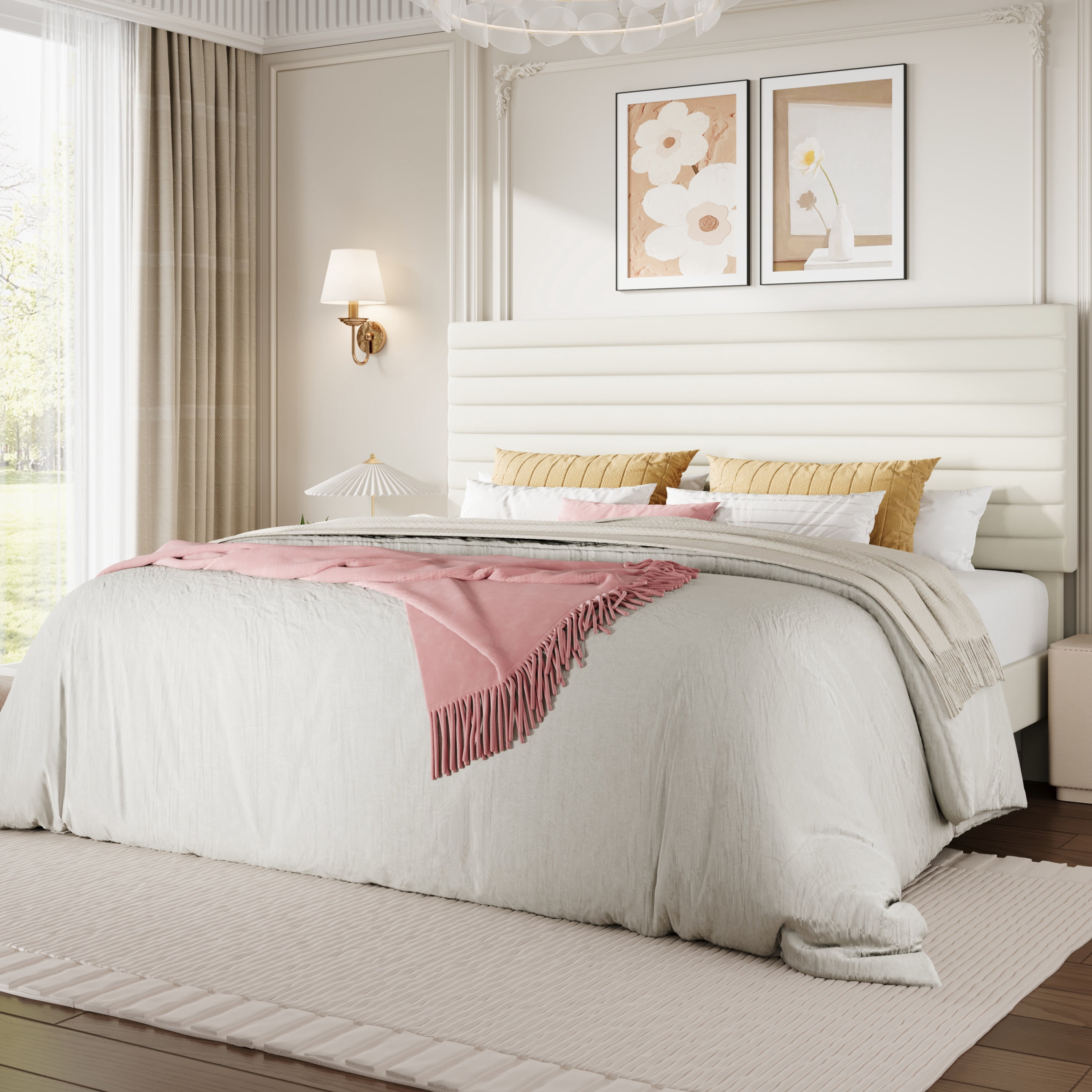 Sha Cerlin King Size Platform Bed Frame with Velvet Adjustable Headboard, No Box Spring Needed, Cream White