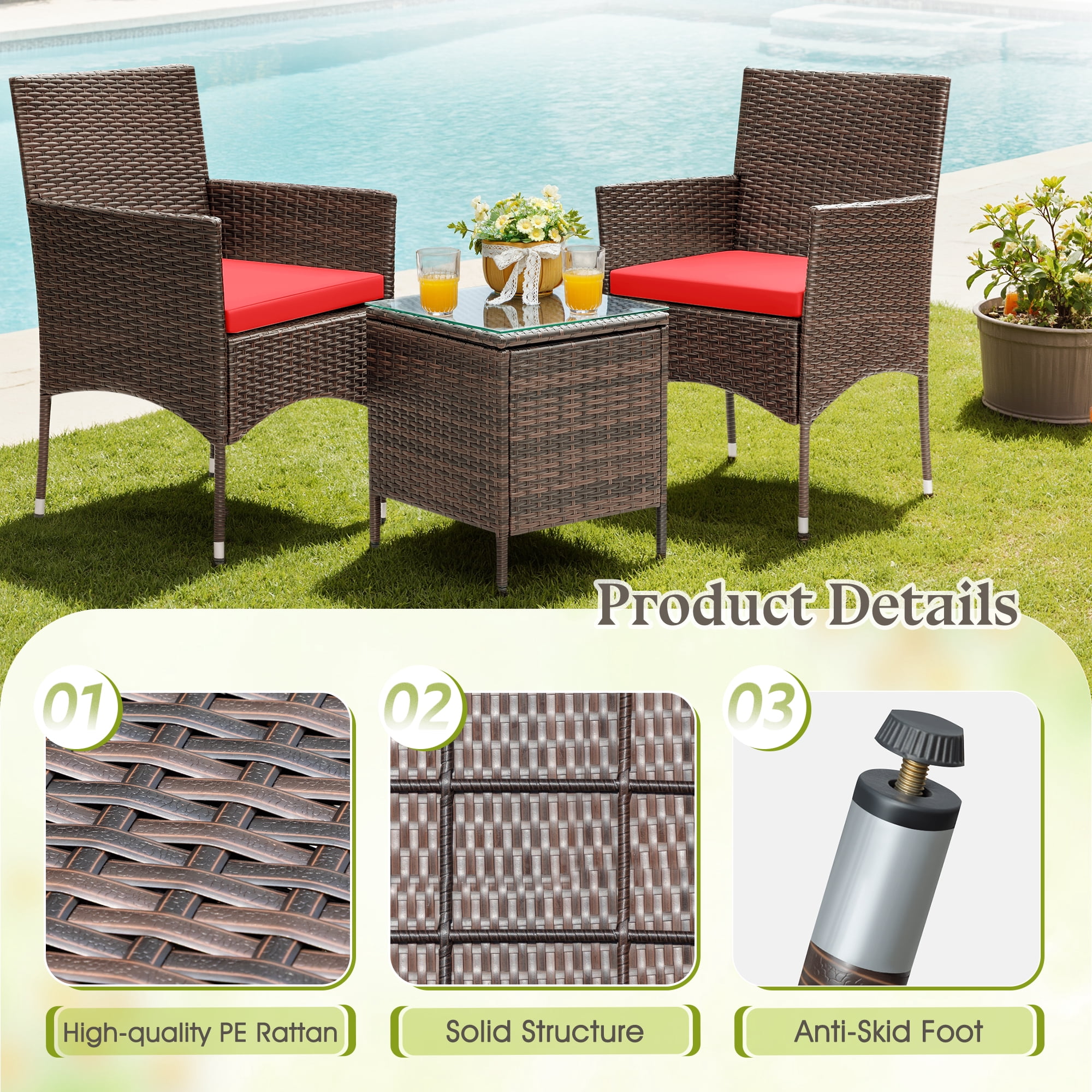 Lacoo 3 Pieces Outdoor Patio Furniture Gray PE Rattan Wicker Table and Chairs Sets Bar Set with Cushioned Tempered Glass , Brown / Red