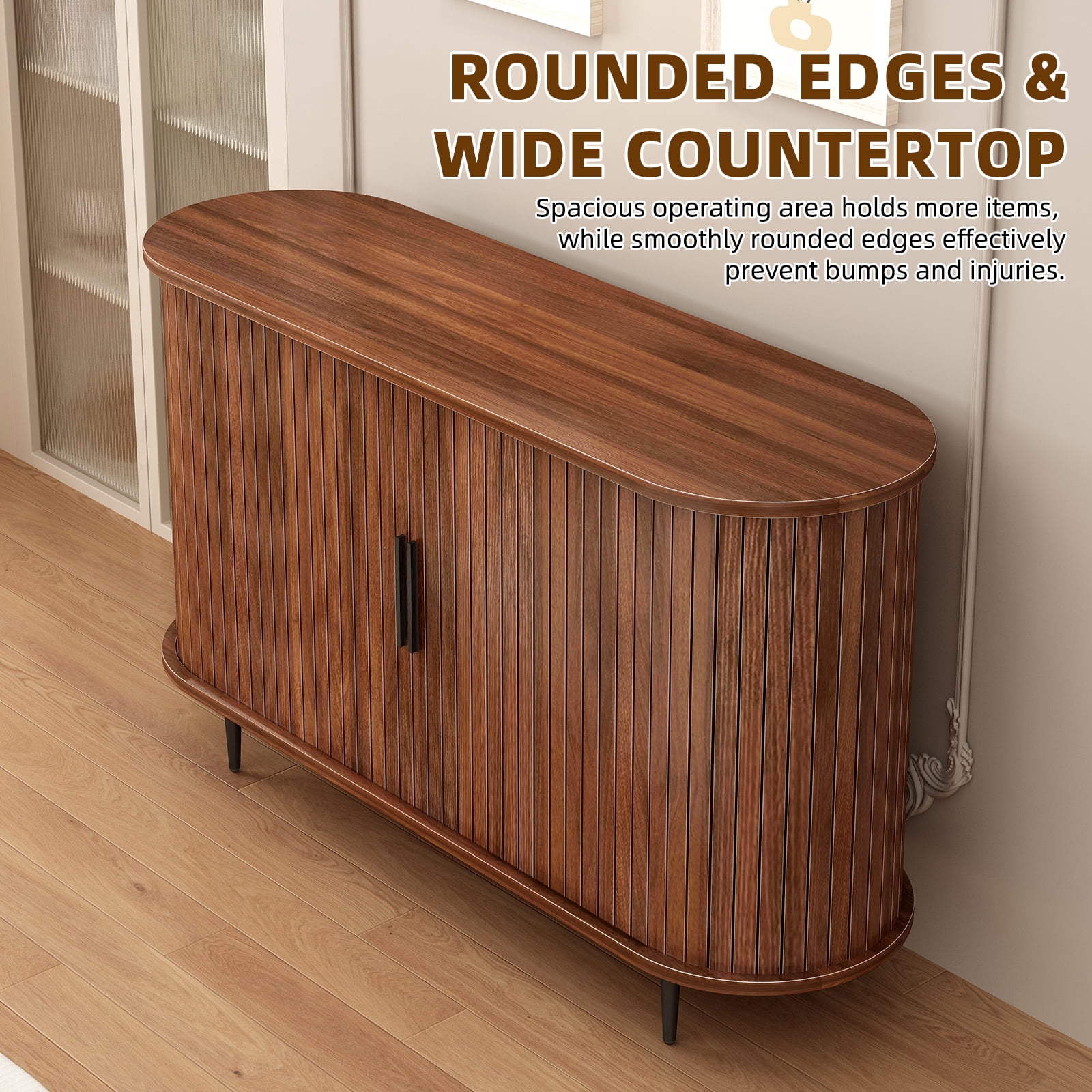47"W x 29"H Buffet Sideboard Cabinet with Storage, Fluted Storage Accent Cabinet with Curvy Edge, Sliding Door, Credenza, Console Table for Living, Dining Room, Kitchen, Hallway