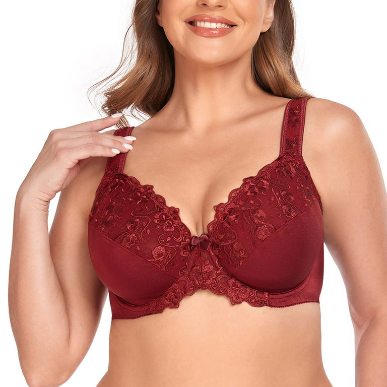 Women's Sexy Lace Embroidered Bras Full Coverage Unlined Underwire Plus  Size Bra 46DD 