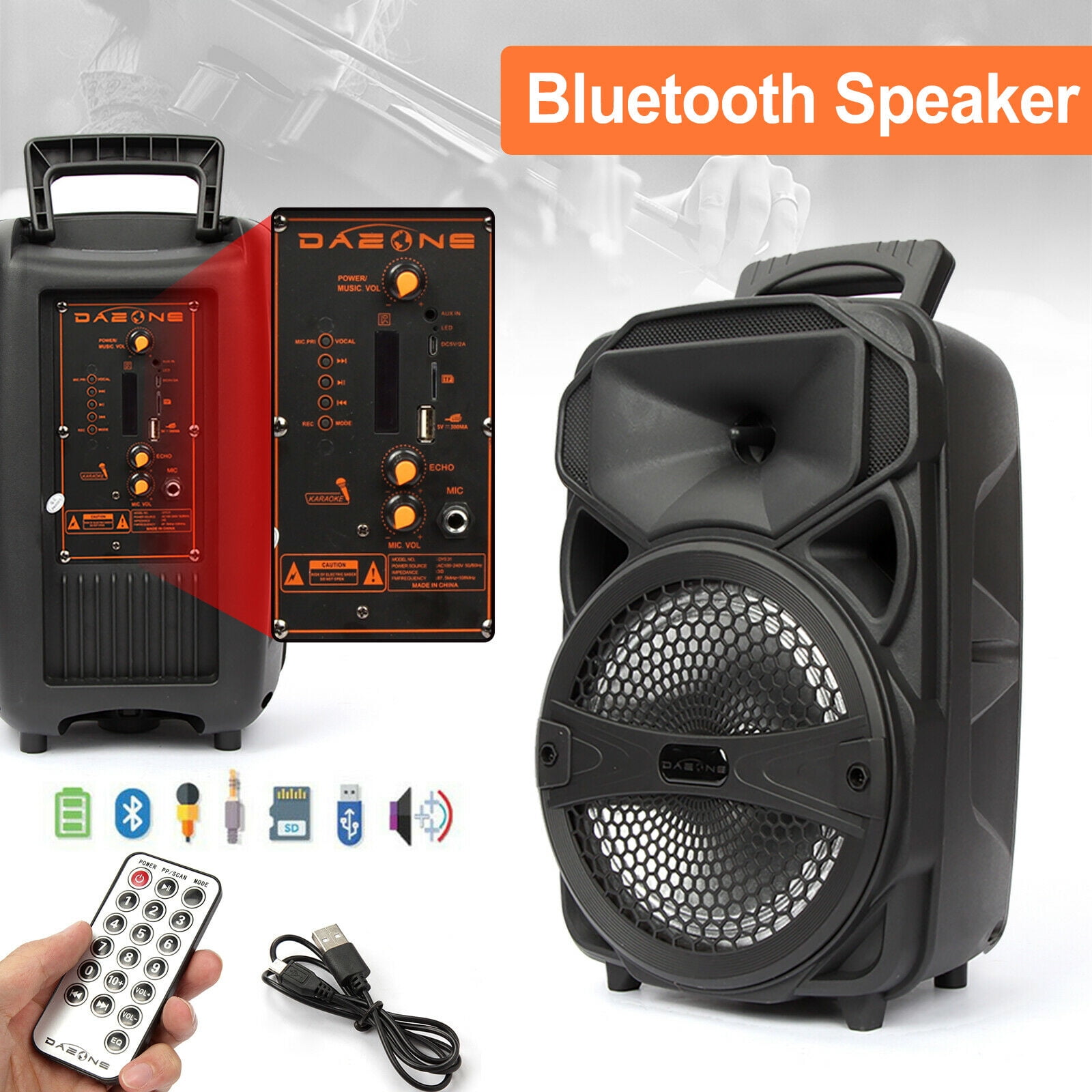 Dazone Bluetooth Speaker, Portable Wireless LED Speaker 8" with FM Radio/USB/SD Slot/Karaoke(with Mic, Remote Control)