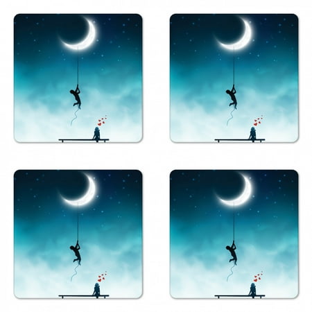 

Fantasy Coaster Set of 4 Boy Climbing to the Moon Rope and Girl on Bench Love Romance Art Square Hardboard Gloss Coasters Standard Size Teal and White by Ambesonne