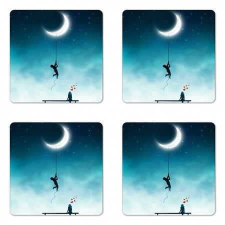 

Fantasy Coaster Set of 4 Boy Climbing to the Moon Rope and Girl on Bench Love Romance Art Square Hardboard Gloss Coasters Standard Size Teal and White by Ambesonne