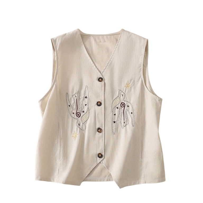 Womens Linen Vest Tops Sleeveless V Neck Embroidered Button Pocket