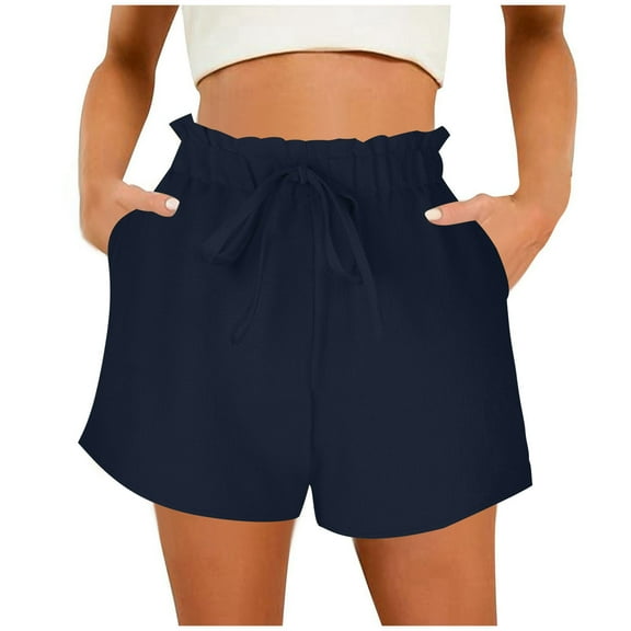 Women's Shorts Fashion Imitation Cotton Linen Spring Summer Shorts with Elastic Waistband Drawstring and Side Pockets Women Pants Navy M