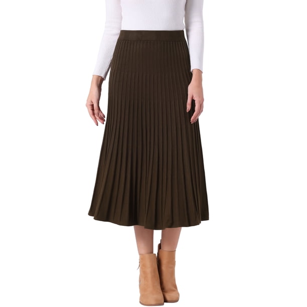 Falda midi de punto casual con cintura alta plisada para mujer Inspire Chic M Café