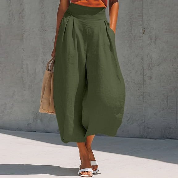 HongQid Women's High Waist Cotton Capri Pants Pleated Wide Leg Palazzo Casual Cropped Trousers With Pockets,M