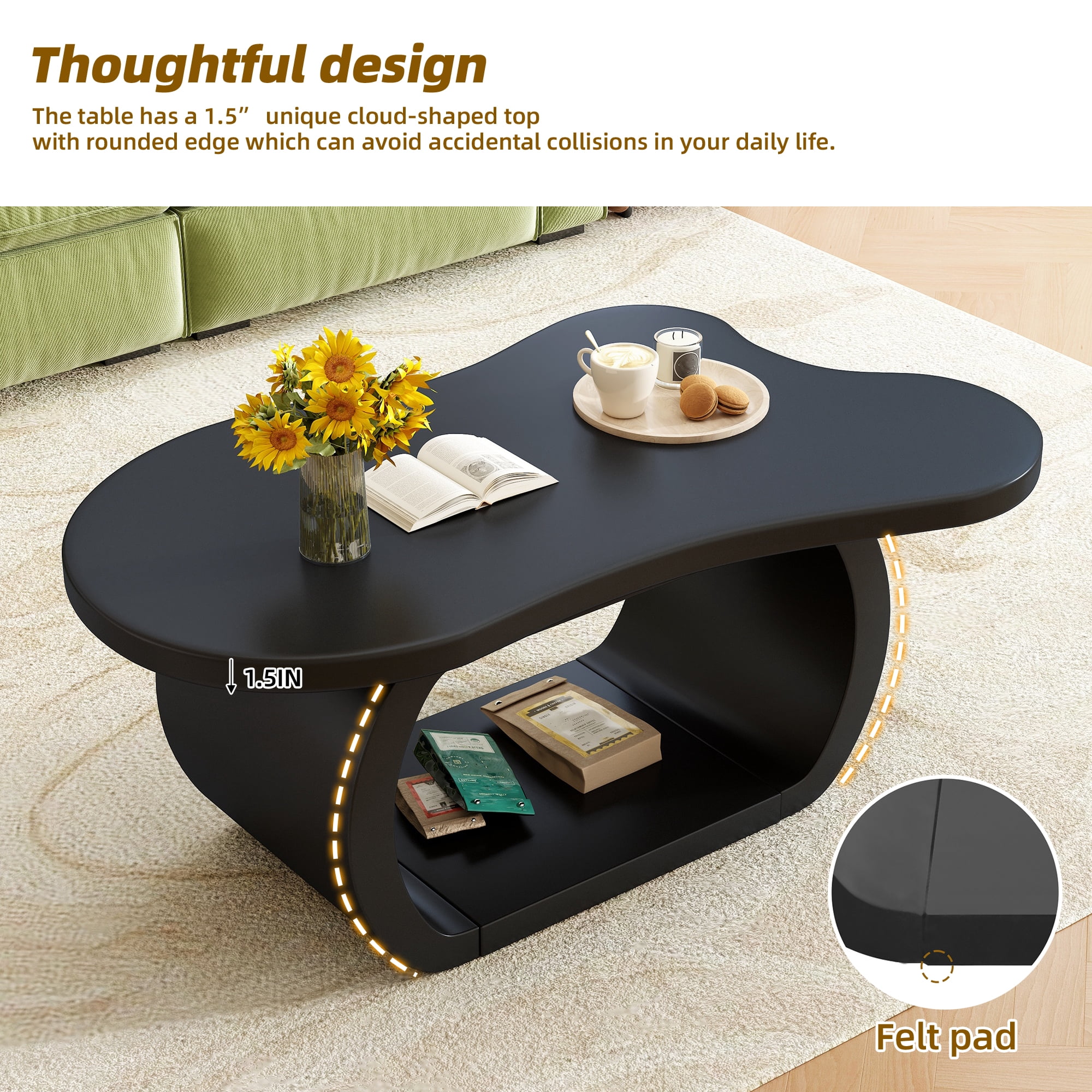 Euroco Charming Irregular-Shaped Coffee Table with Curved Legs, Cloud-Shaped Top, and Smooth MDF Surface – Compact & Easy Assembly for Living Room, Bedroom, or Balcony