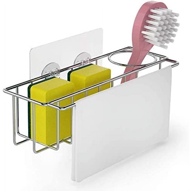Soporte para esponja adhesiva de 360 grados, colgador para paños de cocina y soporte para cepillos, organizador de fregadero 3 en 1, acero inoxidable 304 SUS, resistente al óxido y al agua