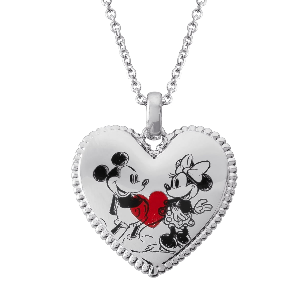 Disney Mickey and Minnie Mouse Girls' Rhodium Plated Pendant Necklace, 18' Chain