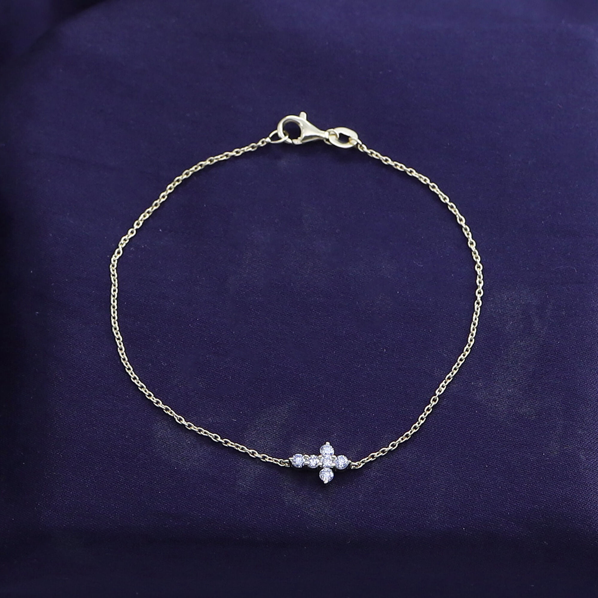 Cross Bracelet for Women | 2MM Round Lab Grown Diamond Charm Link Chain Bracelet | 14K White Gold Over Sterling Silver Christian Religious Jewelry (0.21Ctw)-7.00 Inch