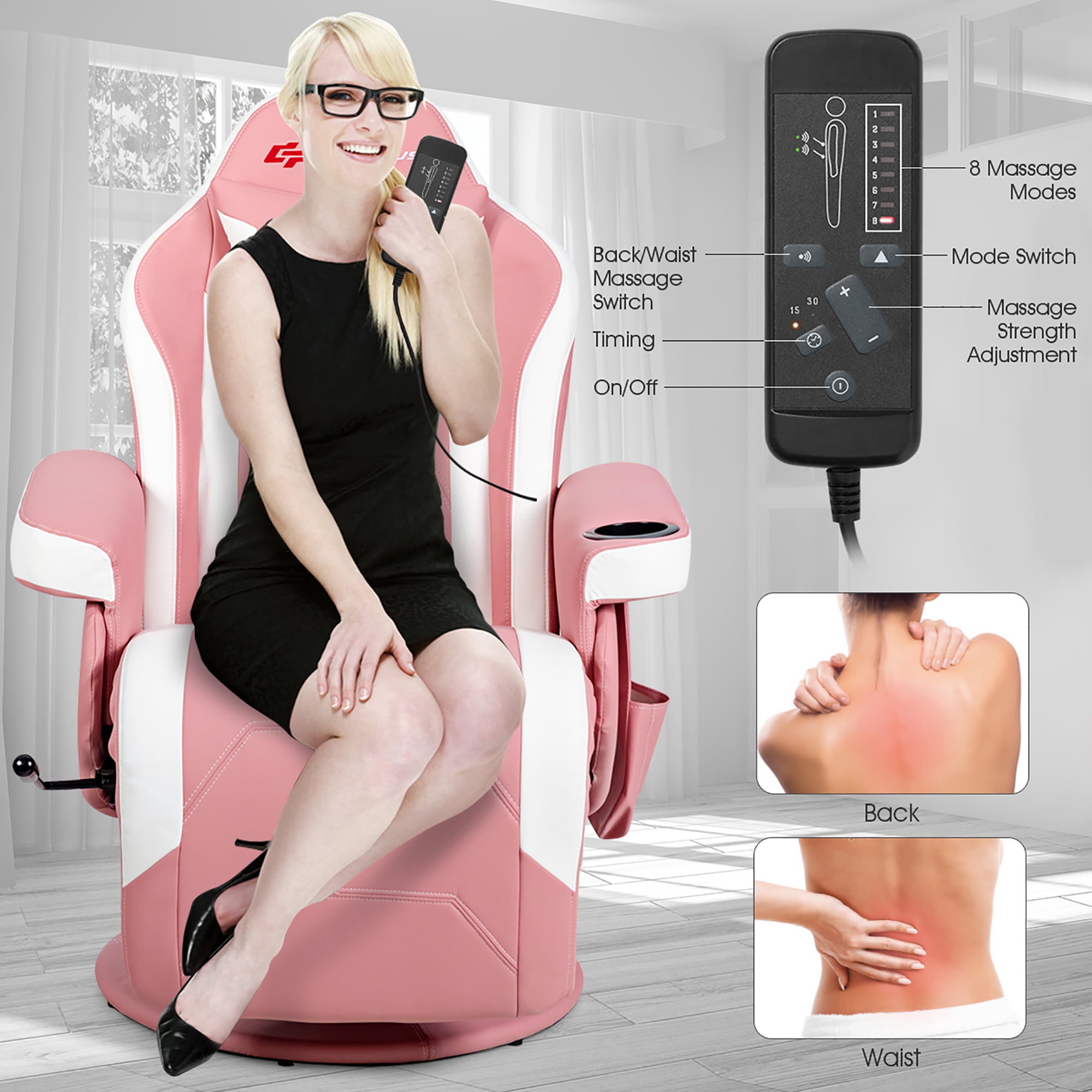 Goplus Massage Gaming Recliner Reclining Racing Chair Swivel w/Cup Holder & Pillow Pink