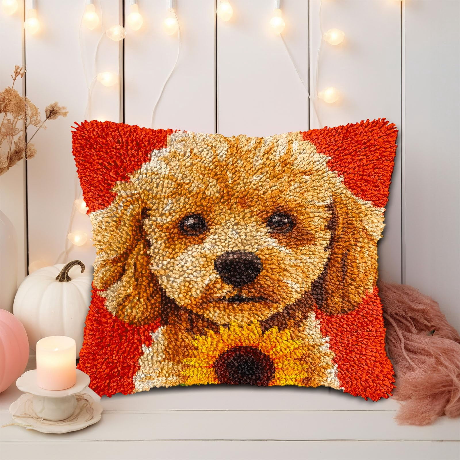 DIY Latch Hook Pillow Kits for Adults Poodle Dog with Sunflower Printed Pillowcase Crochet Yarns Hooking Handmade Pillow Cover Cushion for Home Sofa Decor 17x17inch-2
