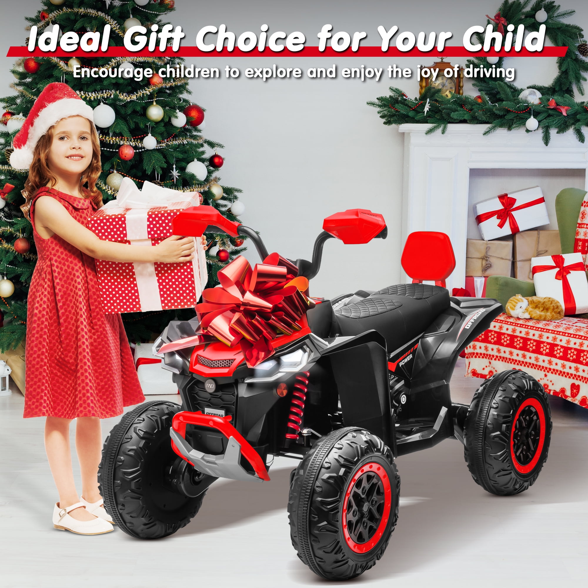 Joyracer 4WD 24V 2-Seater Kids Ride on Toy, 4×200W Motors, 9AH Battery Powered Electric 4-Wheeler ATV w/ Kneepads, Music, Red