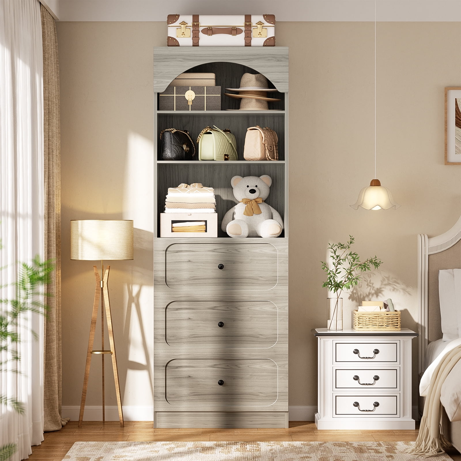Homieasy 80" Tall Arched Bookcase with 3 Drawers & 3 Open Shelves - Wooden Storage Cabinet for Living Room, Kitchen, Office,White Oak