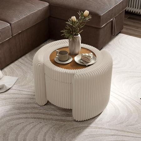 CeXuanTerLennox Modern Chenille 25-inch Round Storage Ottoman with Reversible Flip Top Upholstered Footstool for Living Room Bedroom Entryway Beige Pink