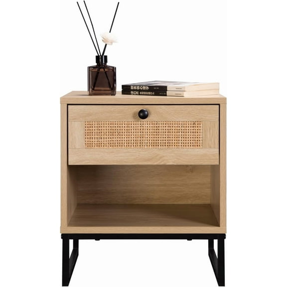 Birch Coastal Modern Side Table with Drawer Natural Wood Top with Black Metal Legs