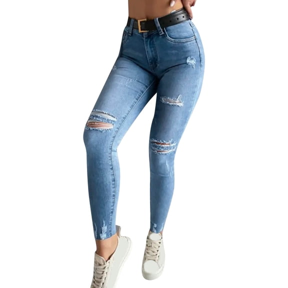 Vedolay Denim Pants High Waisted Denim Pants Casual Summer Frayed Hem Jeans Blue,M