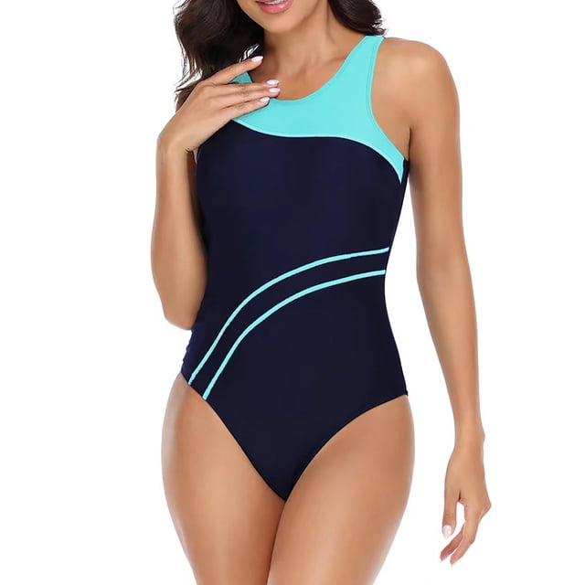 Meichang Womens Color Block Swimsuits One Piece Crew Neck Bathing Suits Slimming Tummy Control Athletic Training Swimwear Conservative Swim Swimsuits