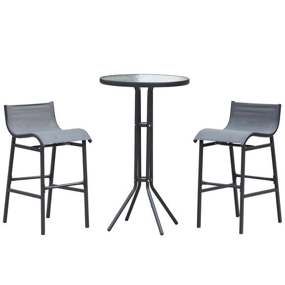 Outdoor Bistro Set 3-Piece Bar Height for 2, Tempered Glass Table Charcoal Gray | Metal Frame