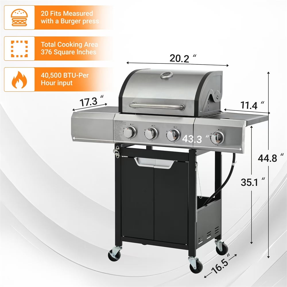 HighSound 4-Burner Propane Gas BBQ Grill with Side Tables