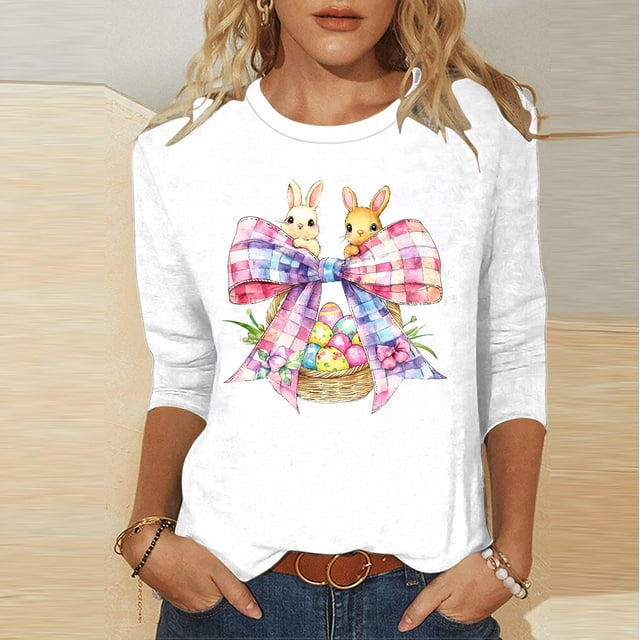 TaTaai Women Loose Casual Pullover Tee Easter Print Crew Neck 3/4 Sleeve Stylish Top Ladies Spring Holiday Gathering Wear Soft Comfortable No Fading High-Rated Top Gift