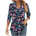 thumbnail image 4 of JTZGDY Womens 3/4 Sleeve Tops Dressy Casual Floral Printed Fall V Neck Outfit Graphic T-Shirts Trendy Basic Ruched Pleated Fall Tunic Blouse for Leggings Blue#01 M, 4 of 7