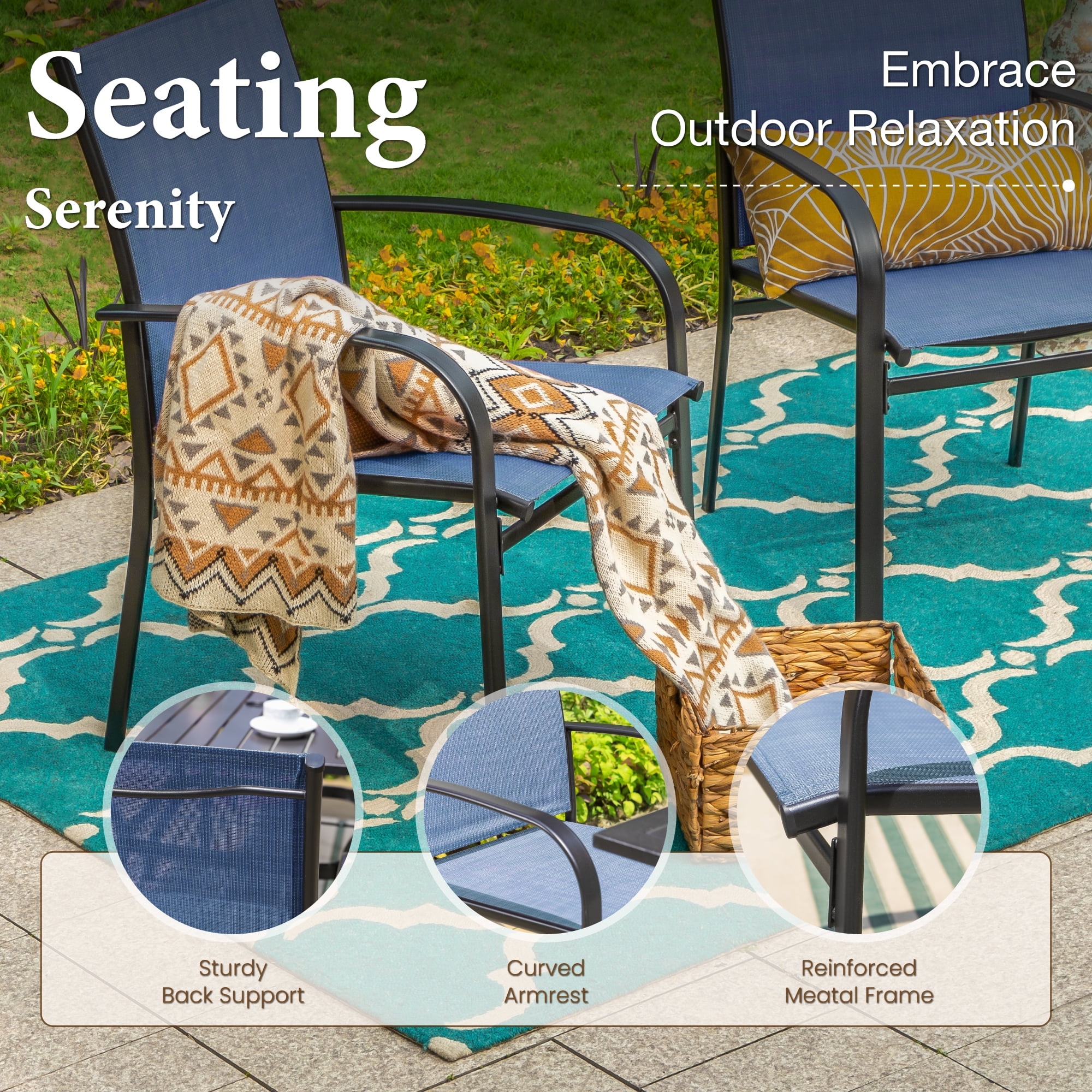 MF Studio 7-Piece Outdoor Patio Dining Set with Rectangle Steel Table & Textilene Chairs for 6-Person, Black & Denim Blue