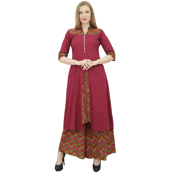Phagun Women's Indian Clothing Maroon A-Line Kurti Kurta Dress With Palazzo-4