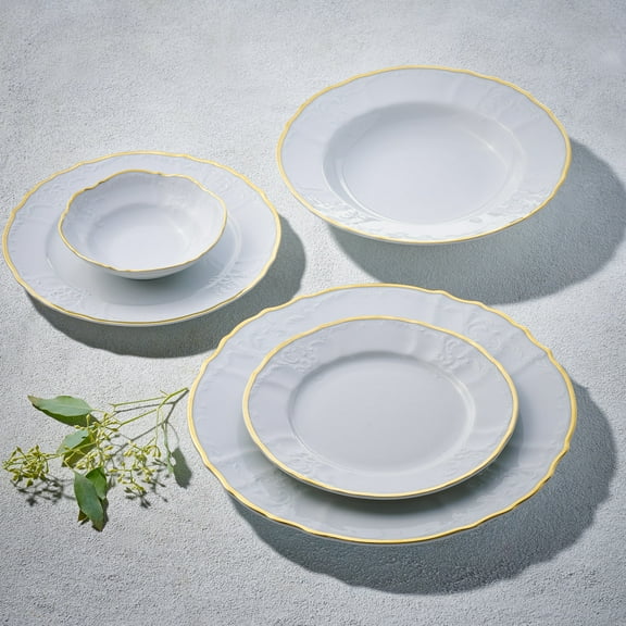 Ocean Decor Ocean D?cor China Dinnerware Set: Set of Fine Porcelain Dishes - Service for Four - White Dishes Set with Gold Rim for Entertaining and Formal Use - 20 Piece Fine China Dishware Sets